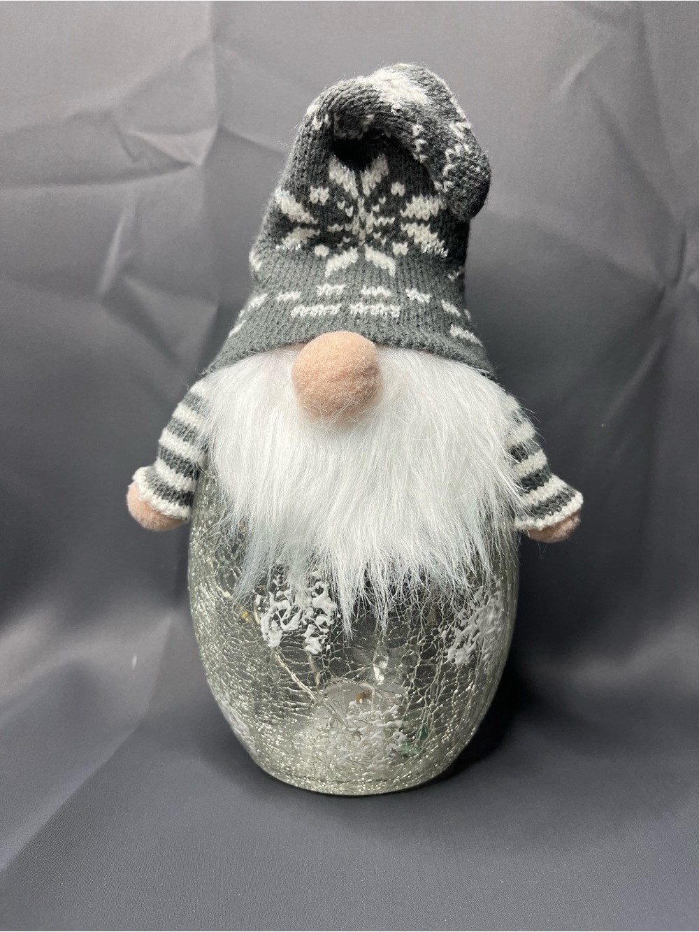 Holiday Home‎ LED Grey & WhiteCracked Glass Gnome Christmas Décor.